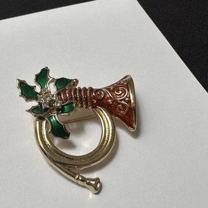 Signed Napier French Horn  Rhinestone Holly Musical Instrument Christmas